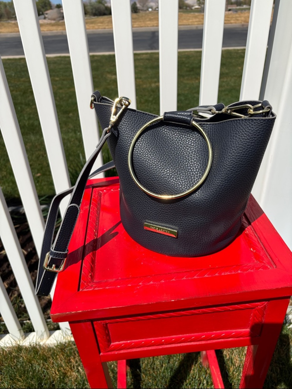 Katie Loxton London Navy Vegan Metal Handle Satchel w/ 22” Drop Cross Body Strap